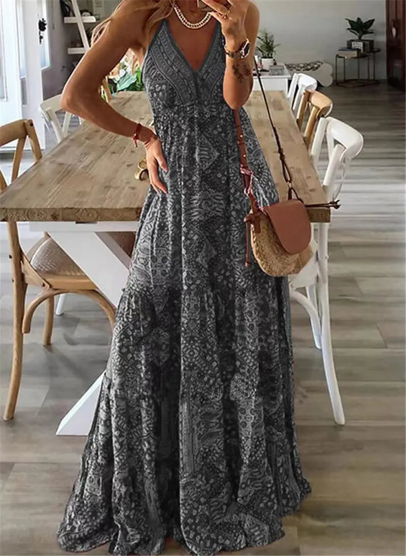 Bohemian Style Women's Clothing Long Dress New Suspender Long Dress High Waist V-neck Printed Floral Dress Women's Clothing