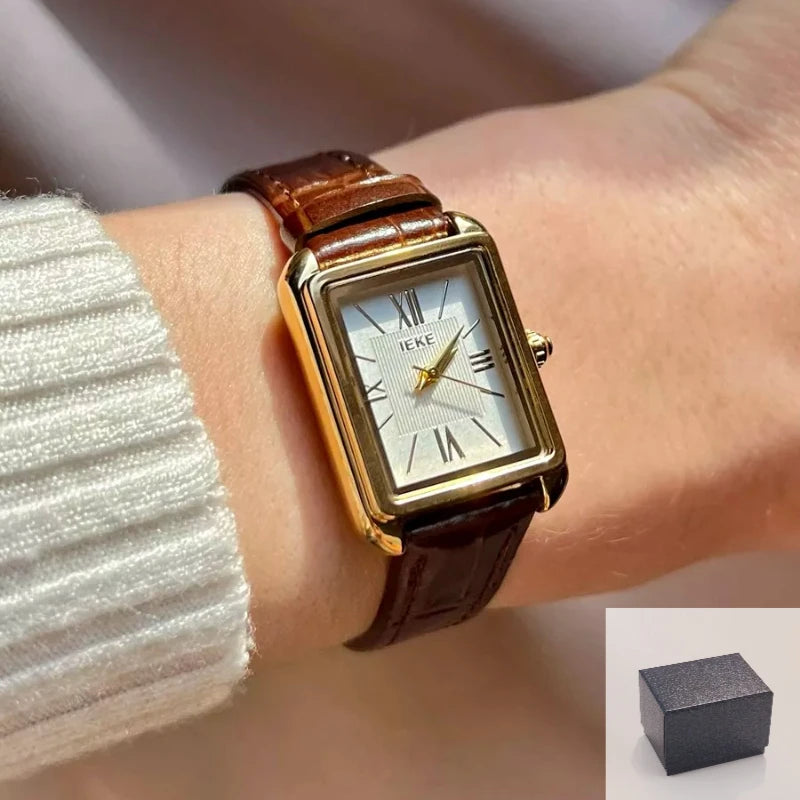 Vintage Women Quartz Watch Rectangle Roman Numeral Clock Elegant Temperament Leather Ladies Watch