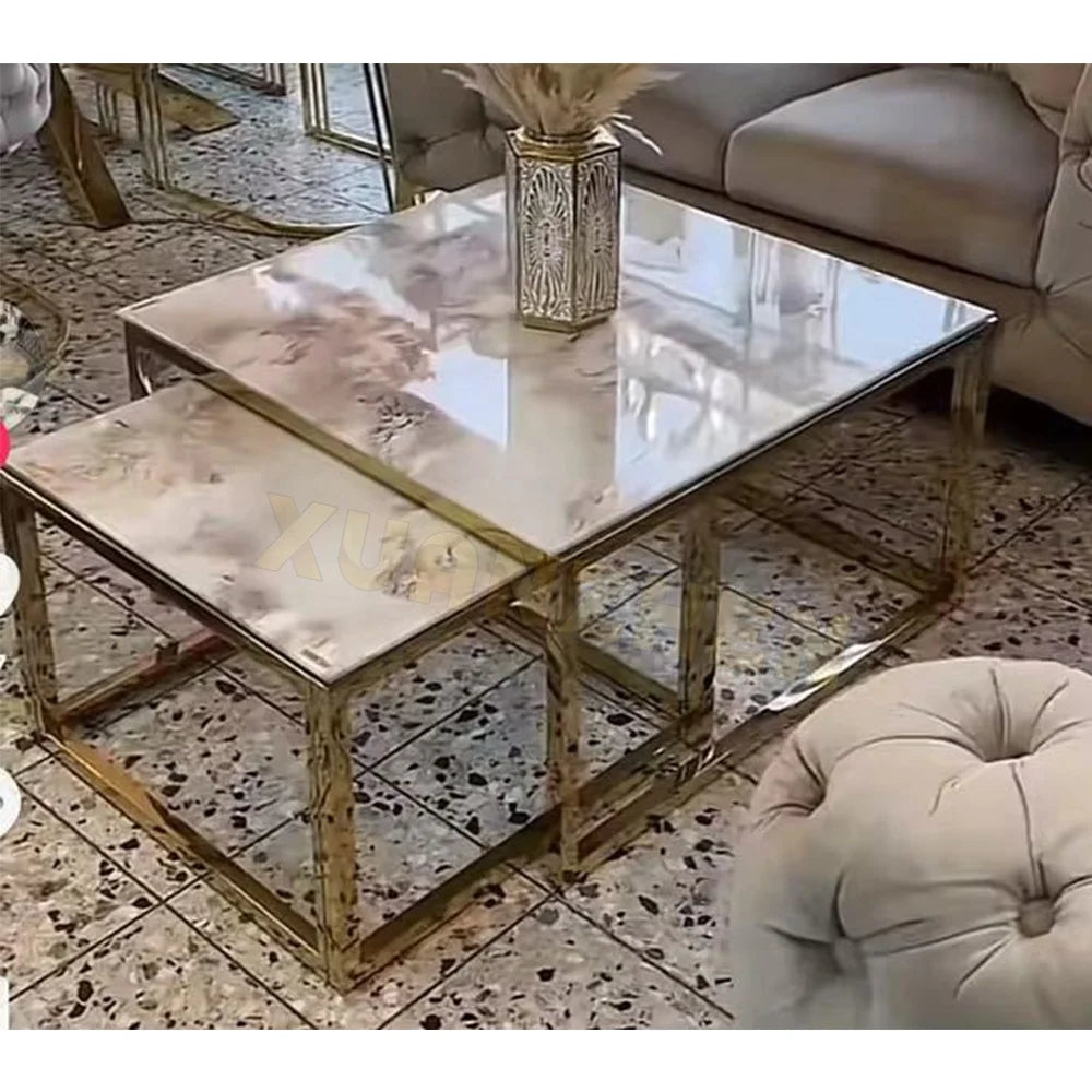 Living room furniture space saving center table 2 pieces silver coffee table set mirror smart square glass coffee table