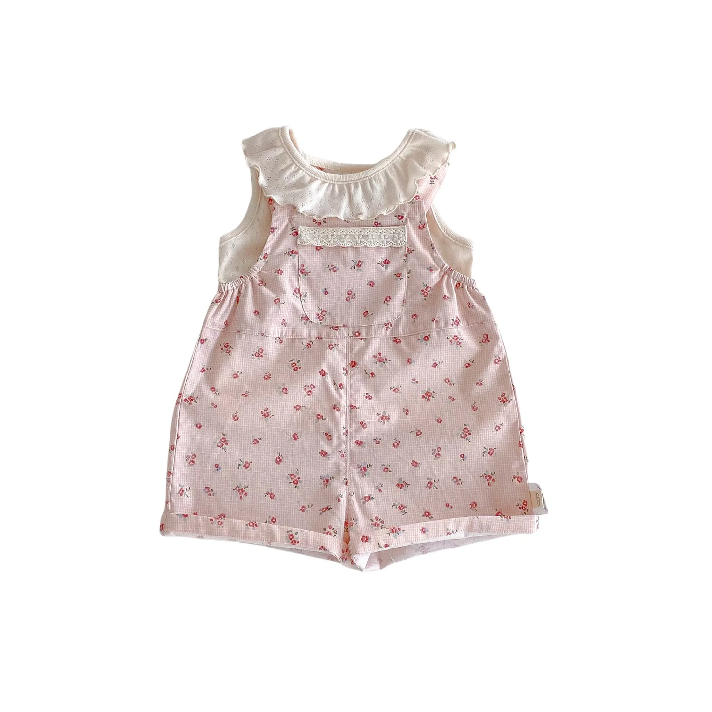 2025 New Summer Baby Girl Korean Style Clothes Breathable Cotton Polyester Ruffled Doll Collar Vest & Floral Overalls