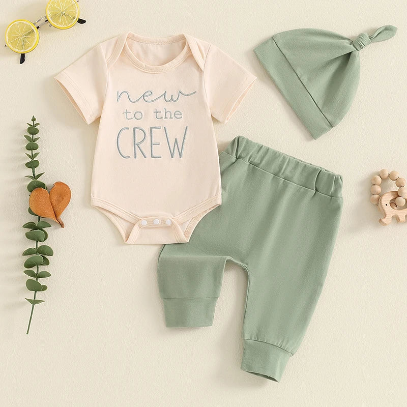 2024-05-05 Lioraitiin Baby Boy Summer Outfit Letter Embroidery Short Sleeve Romper with Solid Color Pants and Hat 3Pcs Set