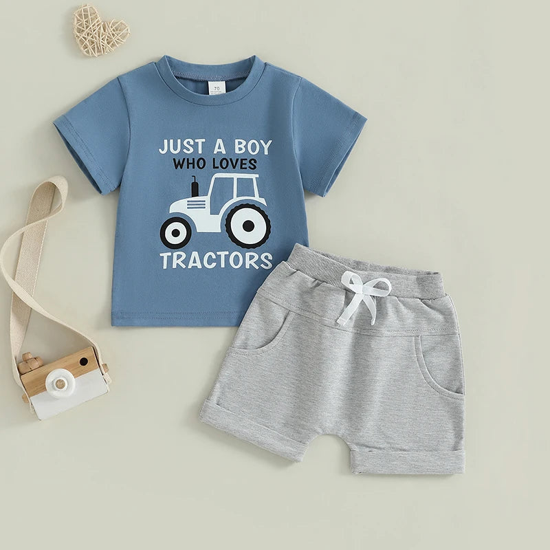 2024-12-31 Lioraitiin Toddler Boy Summer Outfits Tractor Letter Print Round Neck Short Sleeve Tops with Solid Shorts Outfit