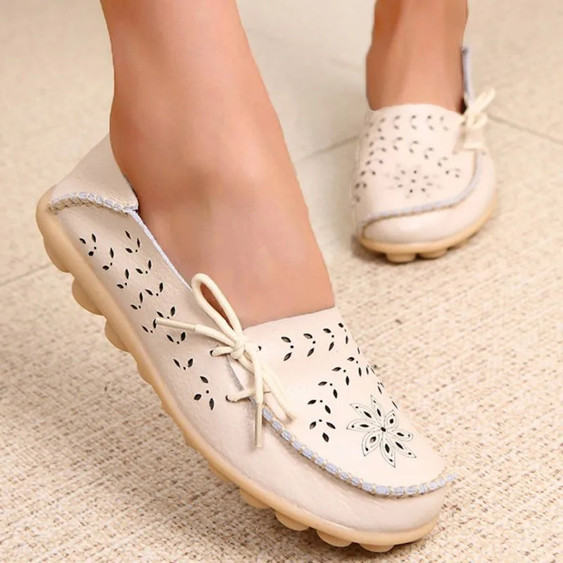 Genuine Leather Women Flats Fashion Casual Women Shoes Hollow Women's Shoes Slip On Flat Shoes Ballerina Plus Size Zapatos Mujer