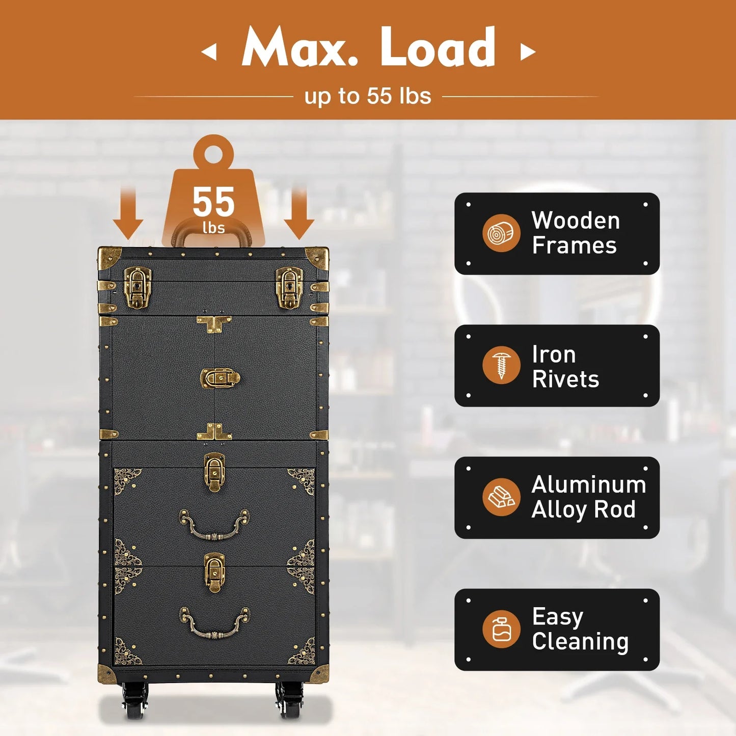 3 Tiers Locking Rolling Beauty Salon Toolbox, Makeup Case Trolley Luggage w/ Hairdryer Stand,Beauty Salon Storage Toolbox