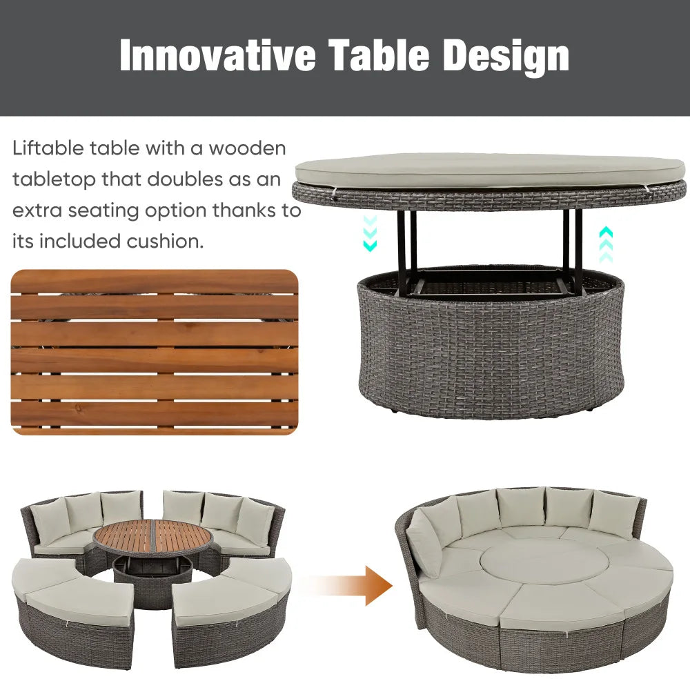 5-PCS Round Rattan Sectional Sofa Set All-Weather PE Sunbed Daybed with Round Liftable Table for Outdoor Backyard Poolside Gray