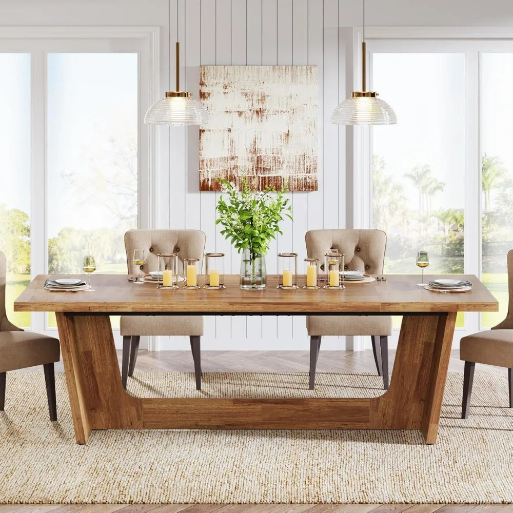 70.87-Inch Dining Room Table: Wood Large Dining Table for 6-8 People, Rectangular Farmhouse Kitchen Table with Solid Pedestal,