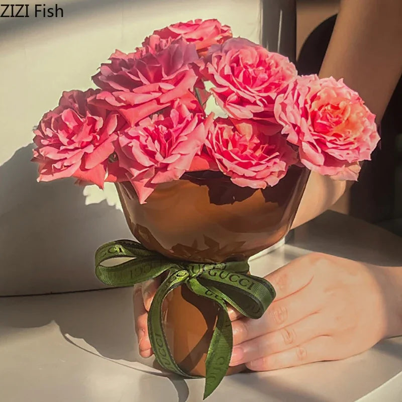 Rose Flower Shaped Ceramic Vase Desk Decoration Flowers Arrangement Girding Decorative Floral Vases Room Aesthetic Decor