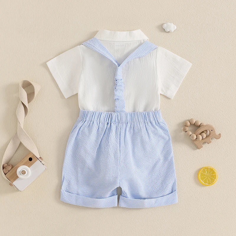 Baby Boy Gentleman Outfit Solid Color Short Sleeve Lapel Neck Romper with Stripe Suspender Shorts Bowtie Boys Summer Clothes