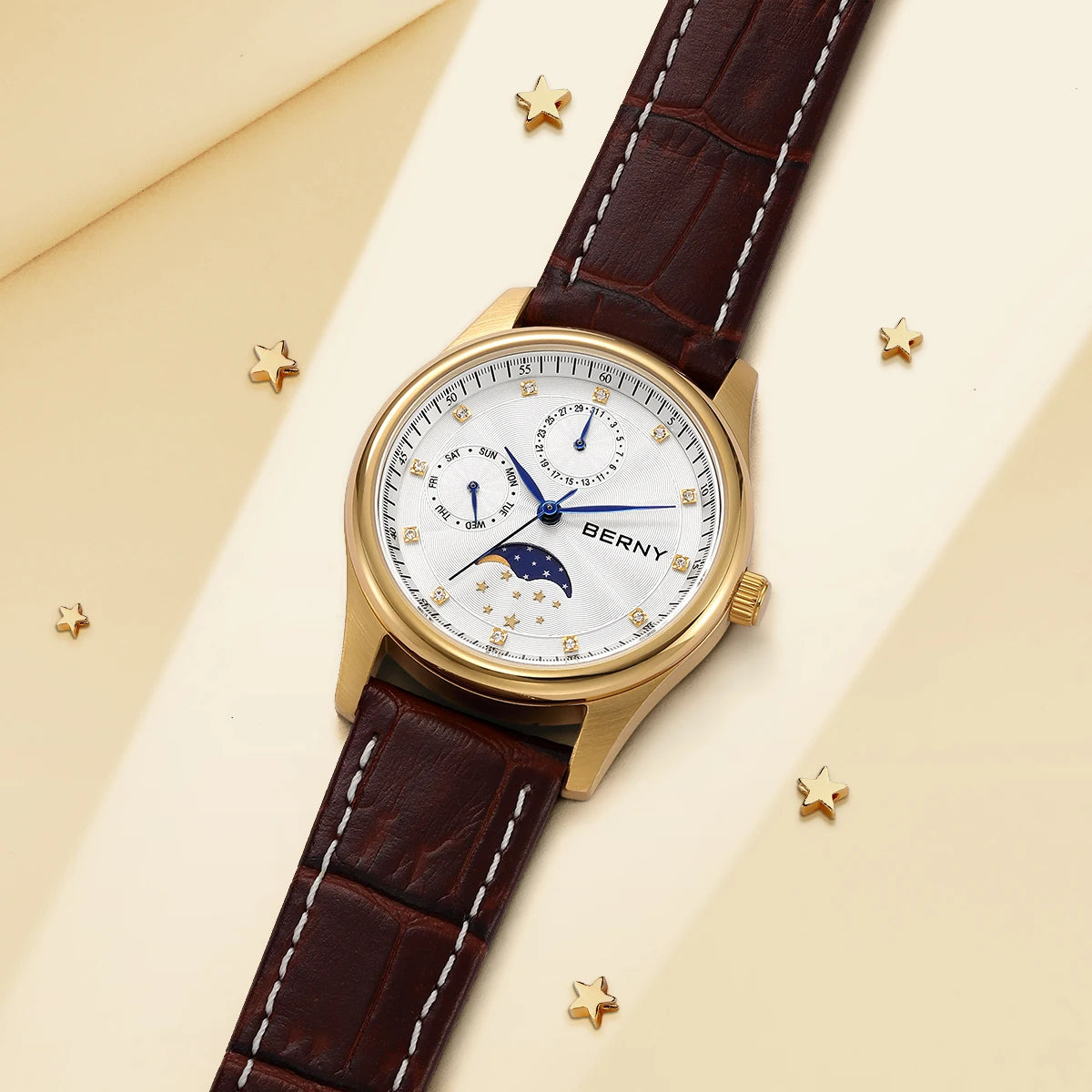 BERNY Watch for Women Calendar Date Week Moon Phase Quartz Women's Watches Leather Strap Elegant Casual Ladies Girl Wristwatch