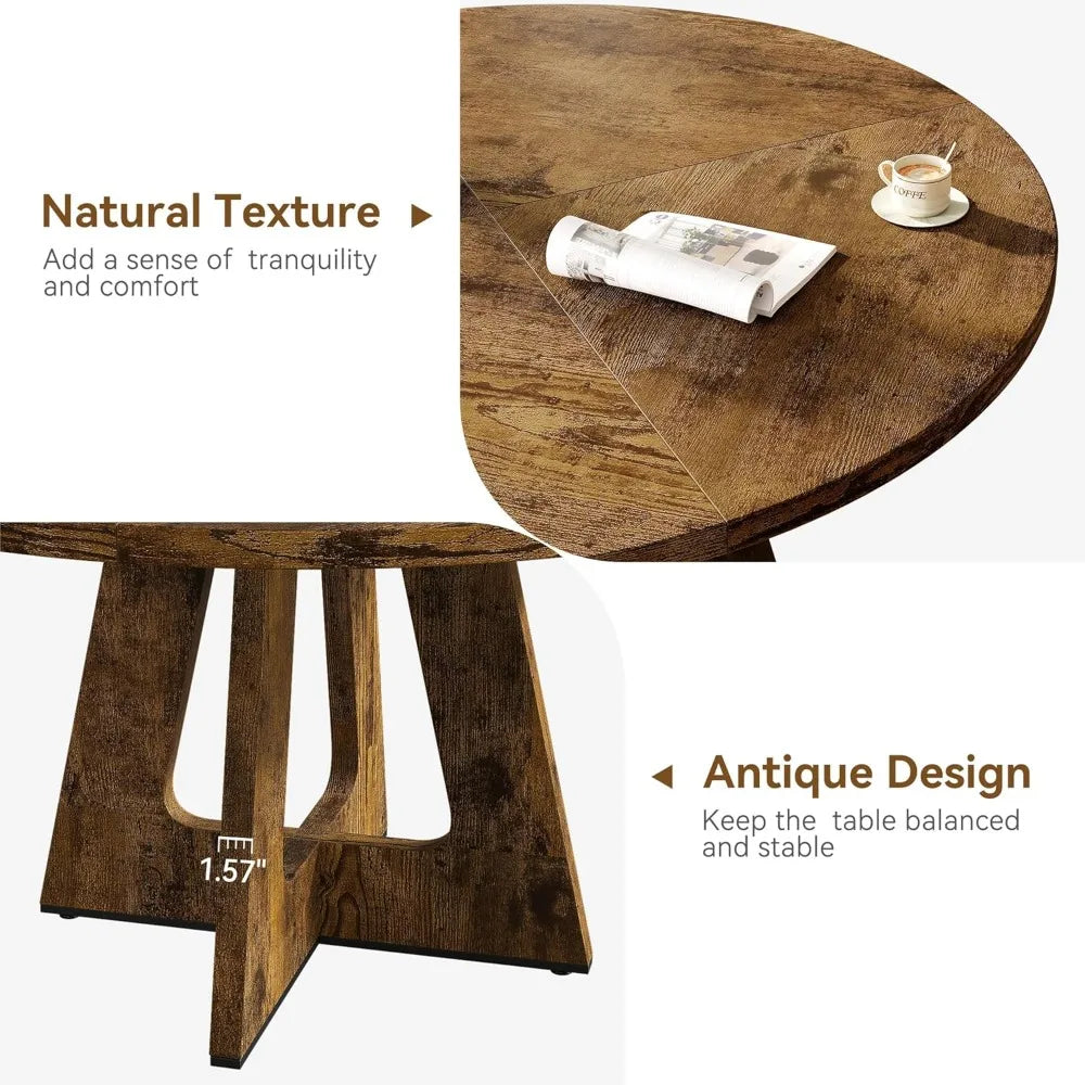 Round Large Dining Table Farmhouse Dinner Table with Wooden Top and Legs for Home Dining Room