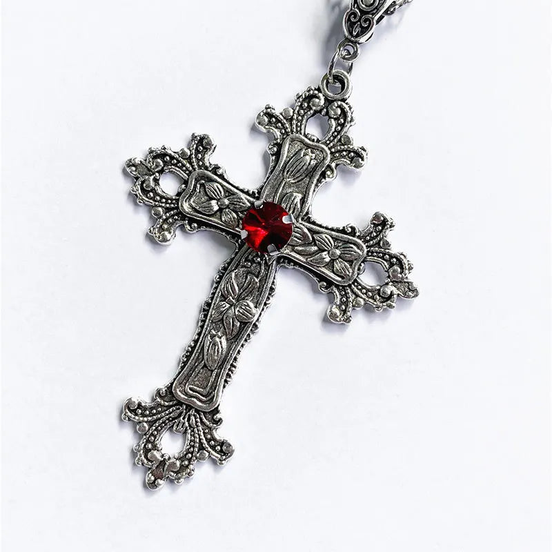 Gothic Big Zircon Cross Necklace Unisex Y2K Irregular Goth Large Cross Pendant Necklaces for Men Women Couple Necklace Jewelry