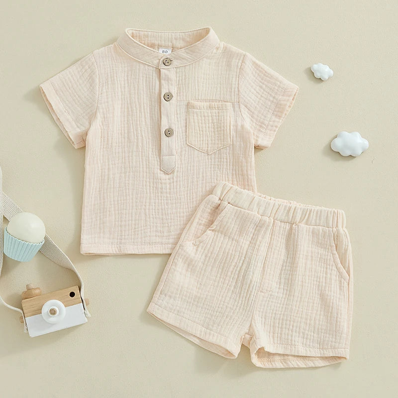 Lioraitiin Toddler Baby Boy Clothes Solid Color Cotton Gauze Button Up Short Sleeve Henley Shirts and Shorts Set Summer Outfits