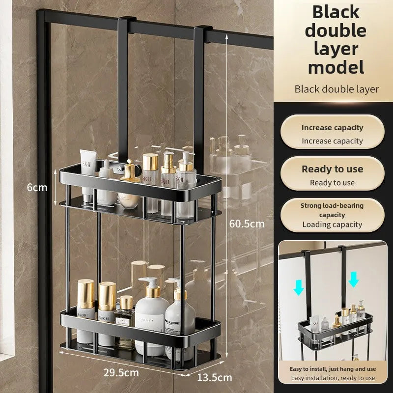 No-Drill Shower Caddy | Bathroom Glass Door Storage Basket | Towel Organizer Rack for Convenient Bathing Space