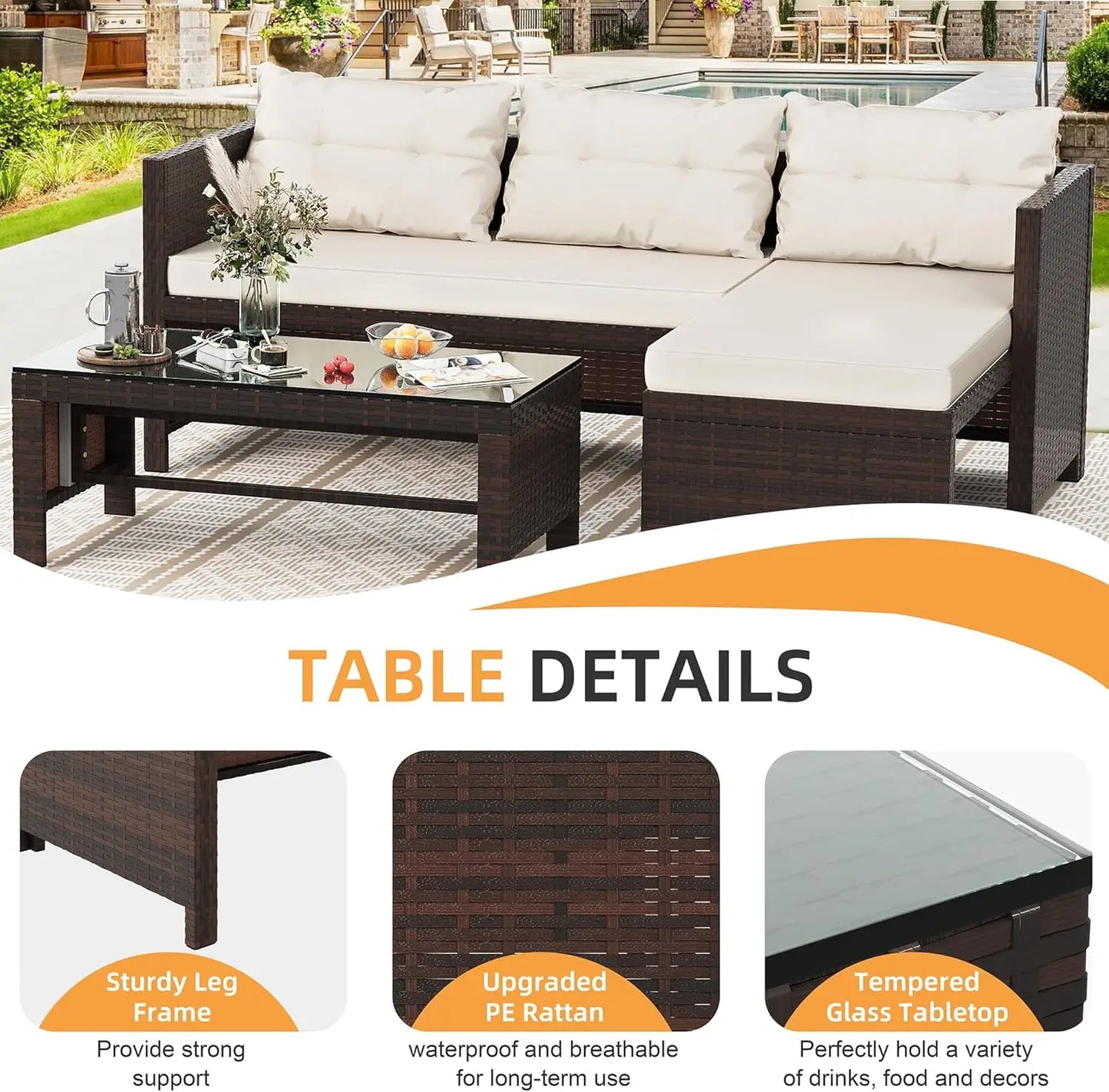Shintenchi Outdoor Patio Furniture Sets, Wicker Patio sectional Sets 3-Piece, All Weather Wicker Rattan Patio Seating Sofas with