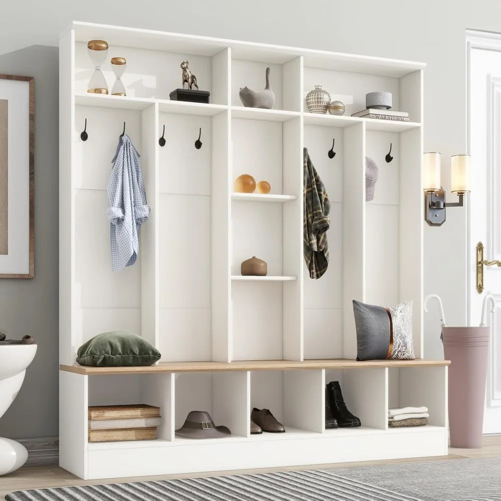 ON-TREND Wide Design Hall Tree with Storage Bench, Minimalist Shoe Cabinet with Cube Storage & Shelves, Multifunctional Coat Rac