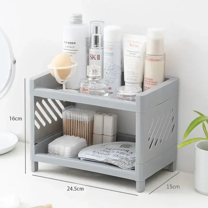1PC PP Desktop Double Layer Storage Rack Rectangular White Organizing Student Desk Office Cosmetics Stationery