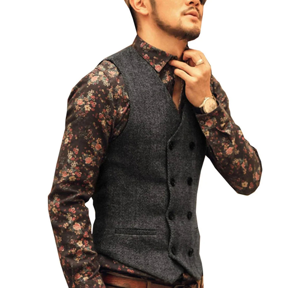 Men Vests Suit Vest Tweed Man Waistcoat Brown Black Groomman Wedding Clothing Jacket Victorian Style Steampunk BusinessA