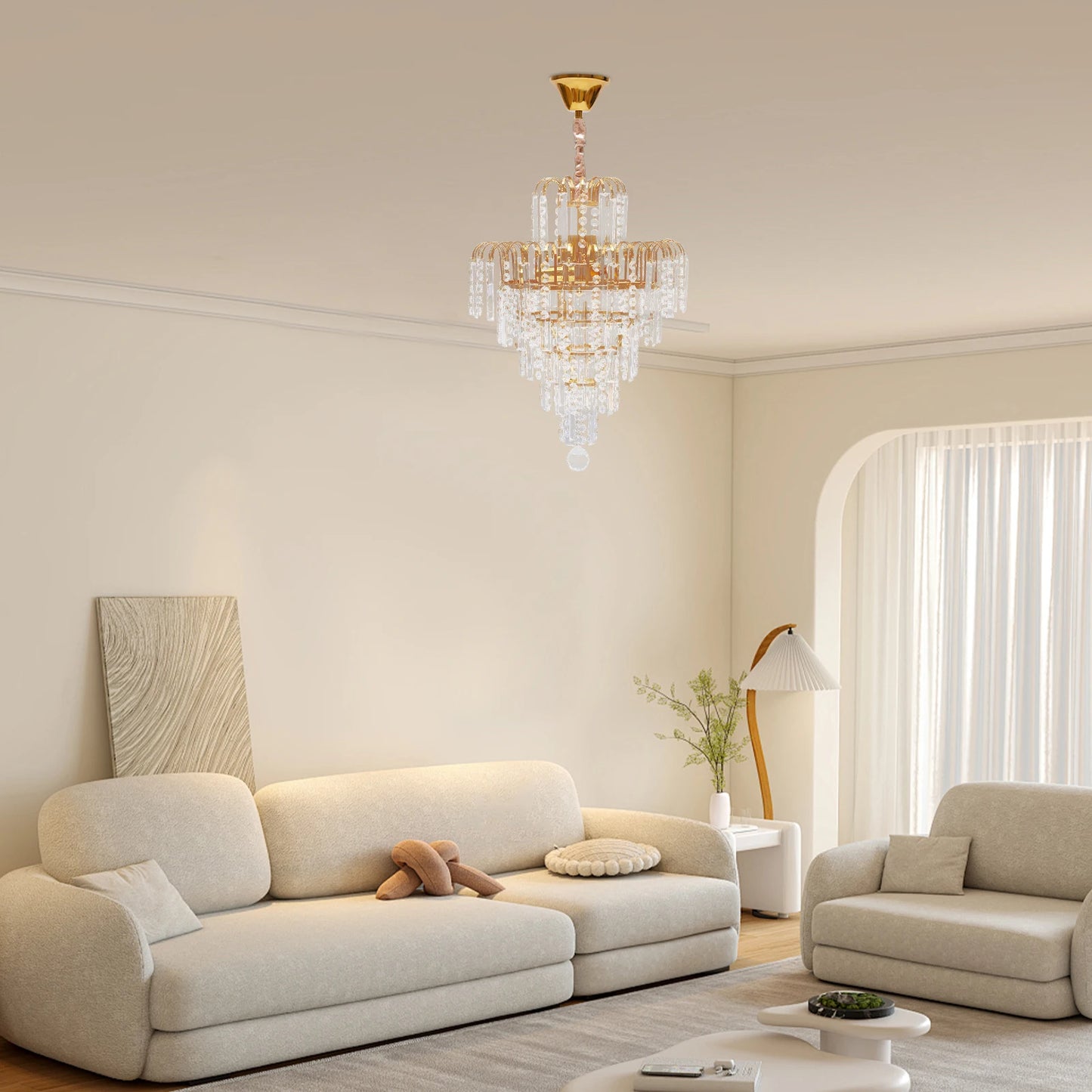 Crystal Chandelier, Adjustable Chain, Golden Tone, Ambient Lighting for Living Room