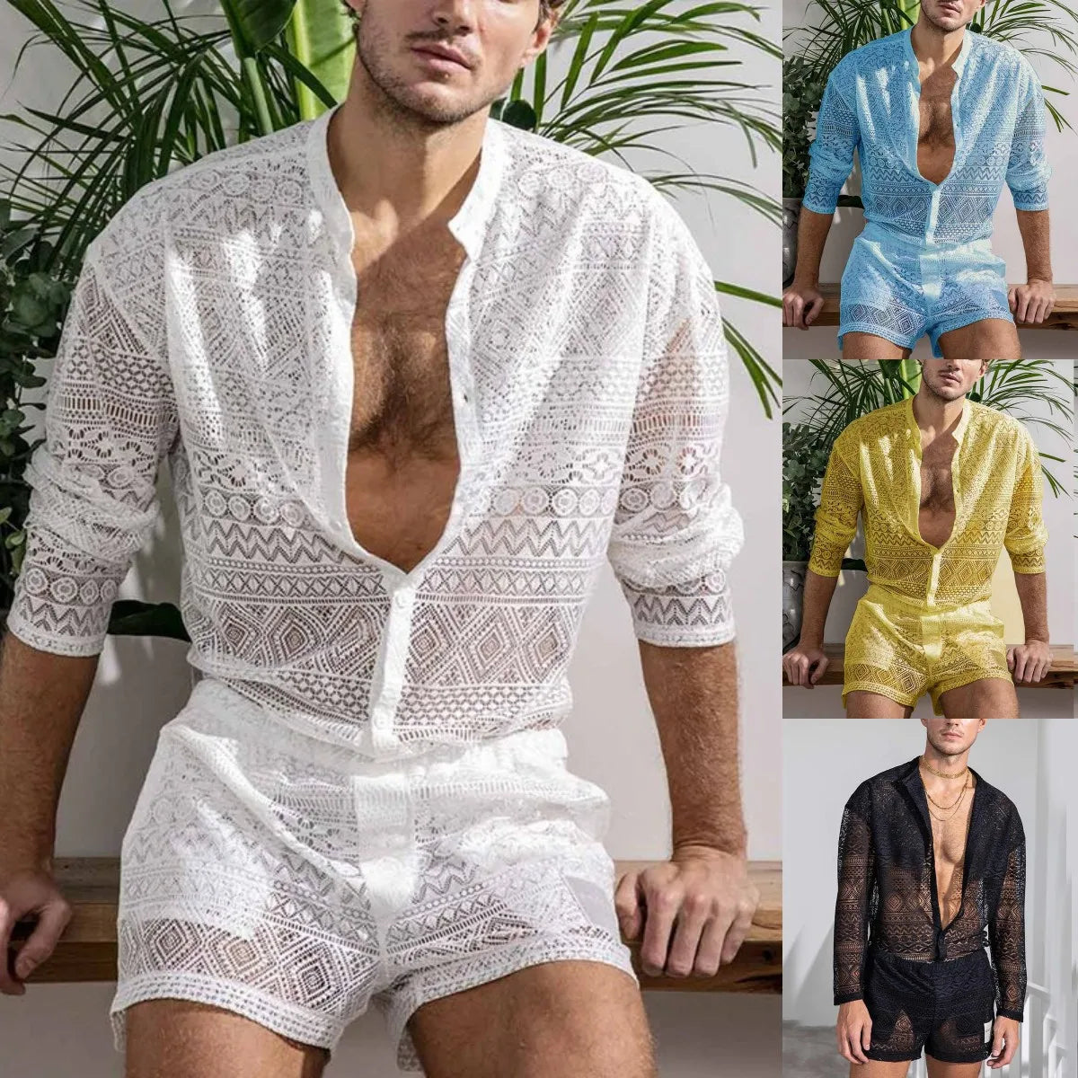 Men's Clothing Fashion Suit Men 2pcs Clothes Set Hollow Out Sexy Lace Short Sleeve Casual T Shirt Top Shorts Summer Solid Color