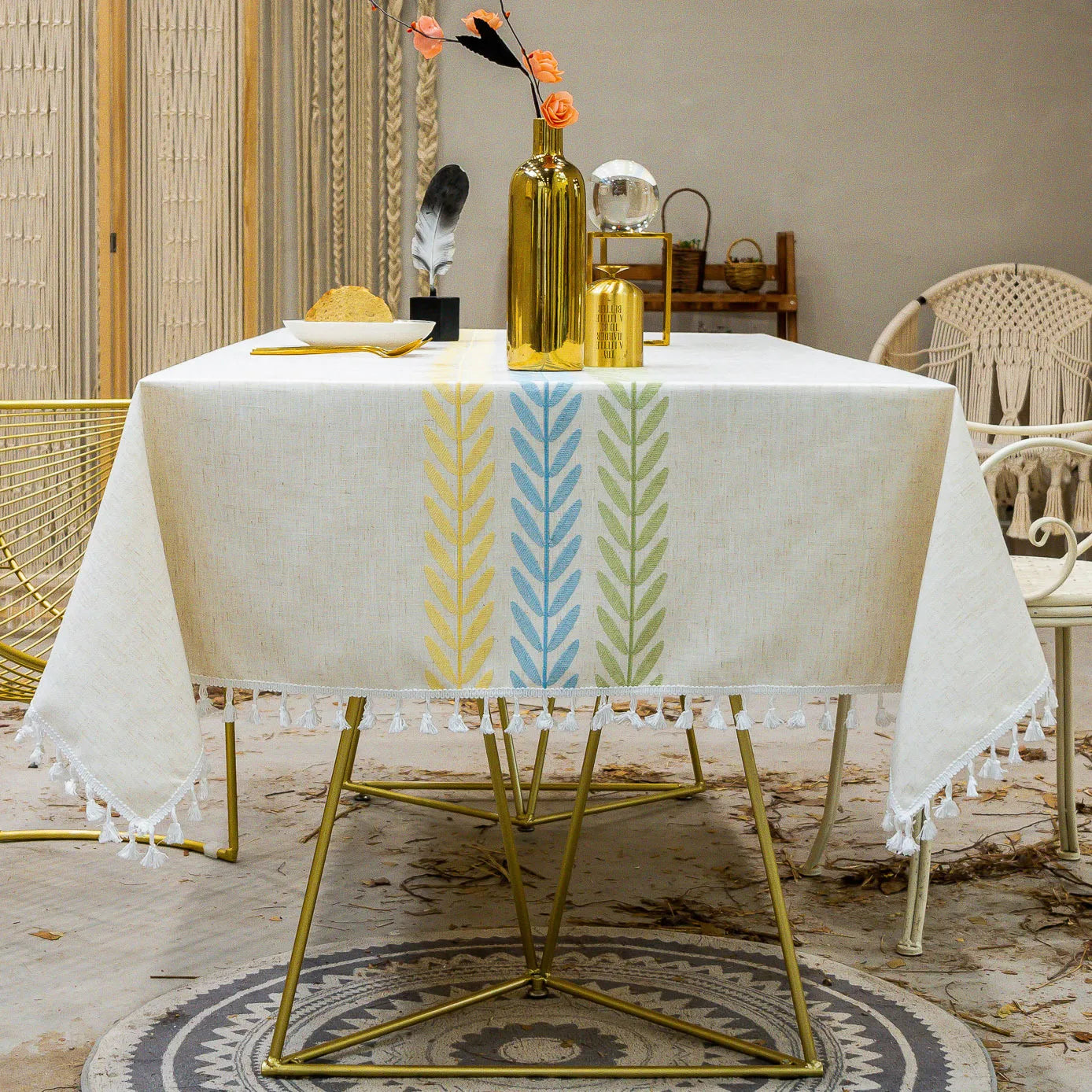Embroidered Floral Pattern Tablecloth for Dining Table,Dust Proof Spillproof Soil Resistant Cotton Linen Rectangle Table Cover
