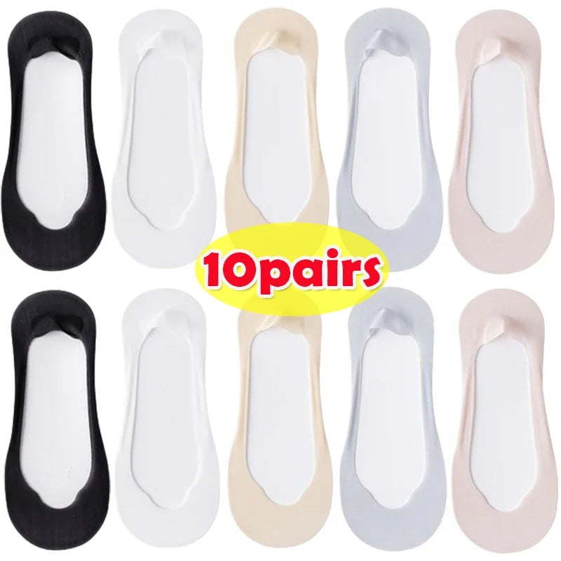 3/5/10Pairs Summer Thin Socks Women's Ankle Short No-Show Set Foot Cotton Female Invisible White Low Cut Non-Slip Boat Sock