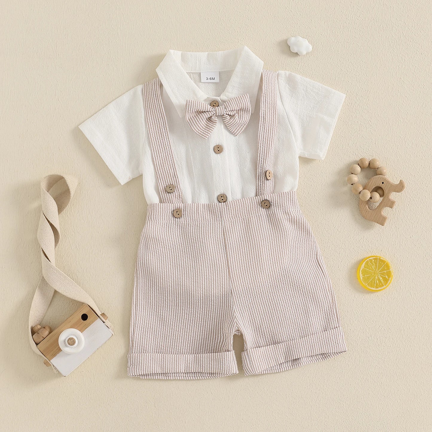 Baby Boy Gentleman Outfit Solid Color Short Sleeve Lapel Neck Romper with Stripe Suspender Shorts Bowtie Boys Summer Clothes