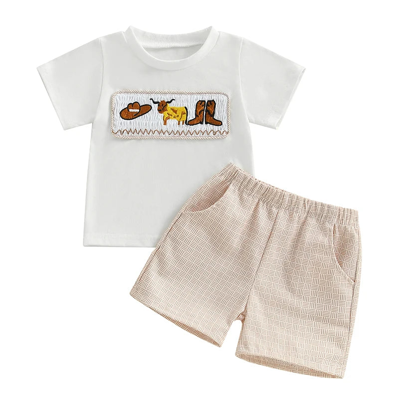 2025-02-19 Lioraitiin Toddler Baby Boy Western Outfit Cattle Short Sleeve Tops Printed Elastic Waist Shorts Summer Set