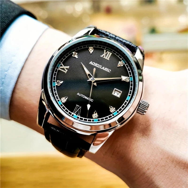 Men's Casual Mechanical Watch with Date Display - Alloy Case, Hollow Design, Leather Strap, Automatic Winding, Suitable for Business and Daily Wear, Daily Watch Casual Style Watch, No Battery, Gift for His Best