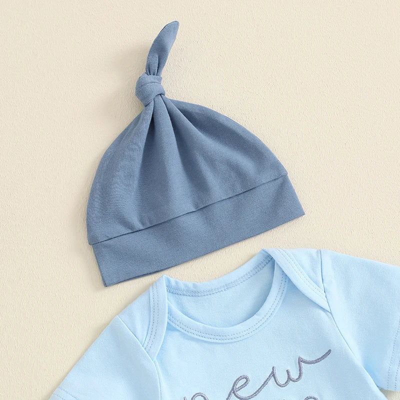 2024-05-05 Lioraitiin Baby Boy Summer Outfit Letter Embroidery Short Sleeve Romper with Solid Color Pants and Hat 3Pcs Set