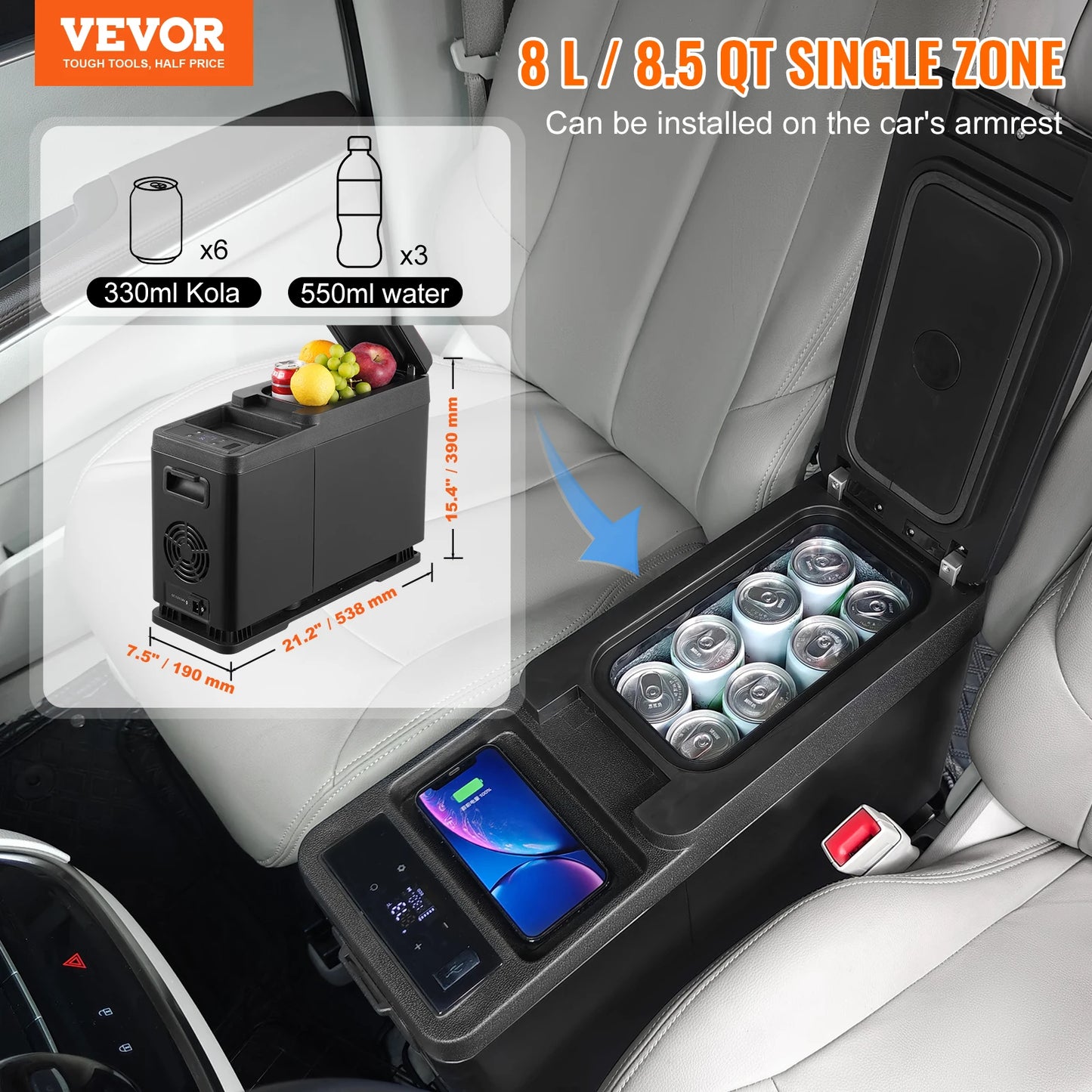 VEVOR 8L Car RefrigeratorCar Armrest Refrigerator Fridge 8L Single Zone Freezer -4℉-68℉ Adjustable Range 12/24V DC and Cooler