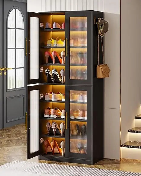 Black Shoe Storage Cabinet with Acrylic Doors and LED Lights, 8-Tier Tall Entryway Shoe Organizer Rack with Adjustable Shelves