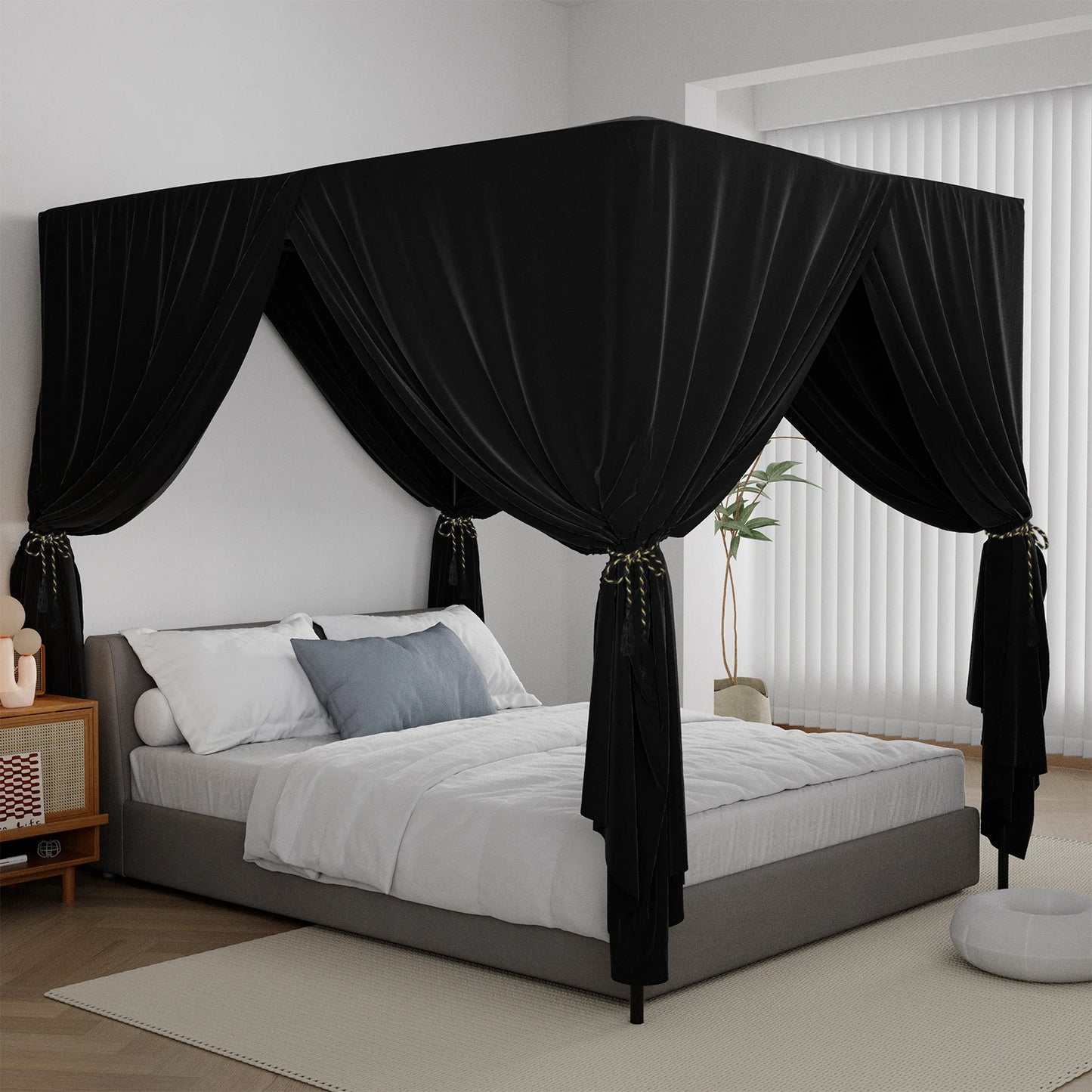 Pink/Black Corner Post Bed Canopy Bed Lightproof Curtain Sheer Canopy for Adults Bedroom Decoration Windproof Modern No bracket