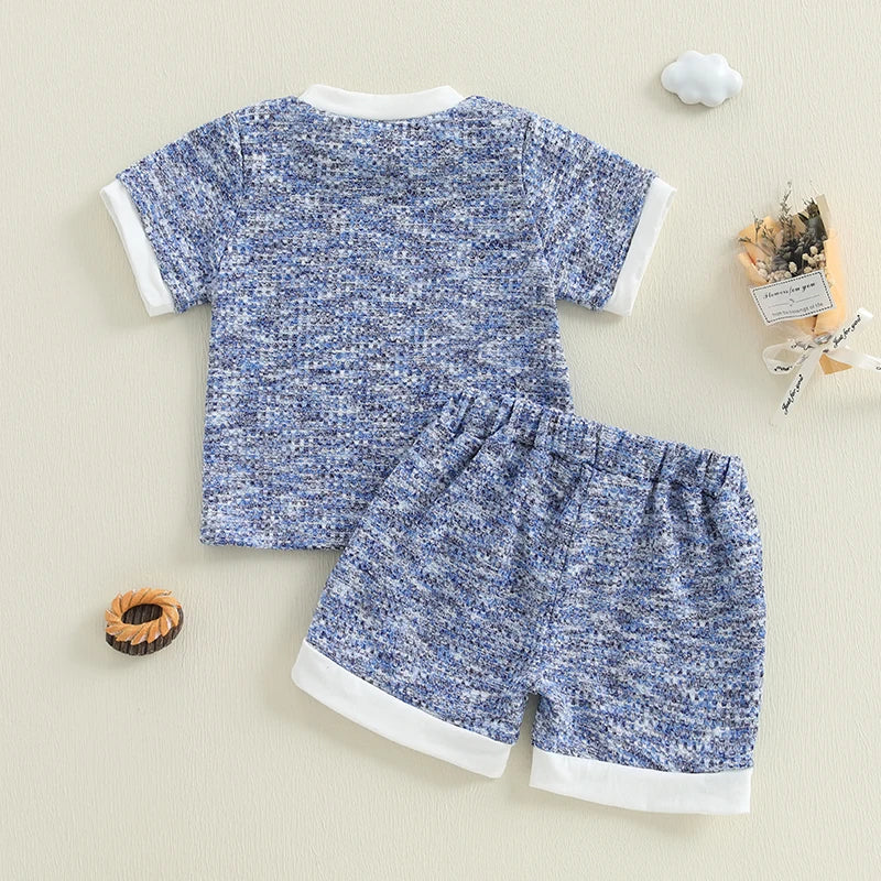 2025-02-21 Lioraitiin Toddler Boy Girl Shorts Set Short Sleeve T-shirts Elastic Waist Shorts Waffle Outfit Casual Summer Clothes