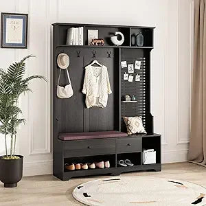 Hall Tree with Bench And Shoe Storage,6-In-1 Hall Tree with Coat Rack And Drawer,Entryway Hall Tree with 4 Hooks And Removable C