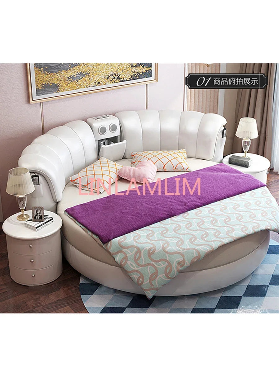 Smart bed frame camas bedroom set furniture кровать двуспальная lit beds round massage genuine leather bed + 2 night stands
