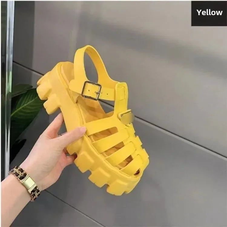 Women's Roman Style Thong Sandals Breathable Hollow out Thick Heel Waterproof Platform Woven Retro Summer New Style Shoes