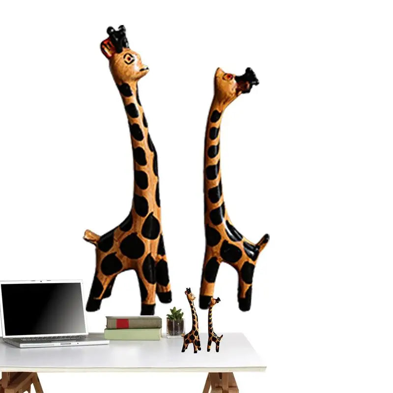 Wooden Giraffe Sculptures Couple giraffe Standing Tabletop Animal Statue Handcraft Home Office Ornament Figurine