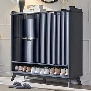 Fluted Shoe Storage Cabinet with 2 Flip Drawers & Sliding Door, 4-Tier Adjustable Shelves, 47" Wide Freestanding Shoe Organizer