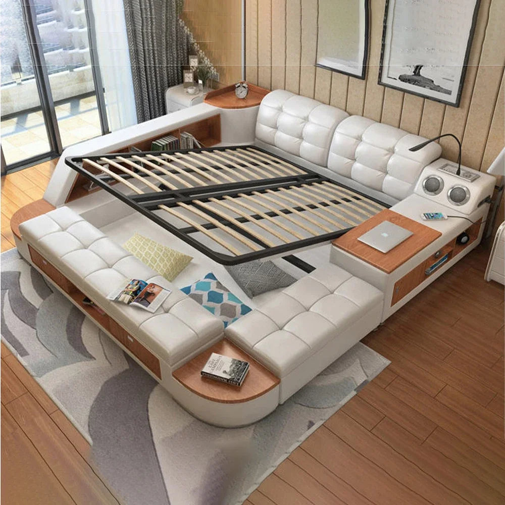 MINGDIBAO Tech Smart Bed Frame | Cloth Multifunctional Ultimate Bed with Tatami, USB and Speaker | Fabric Upholstered Camas