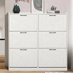 Shoe Storage Cabinet for Entryway, Hidden Shoe Rack Cabinet with 6 Flip Drawers, Farmhouse Freestanding Shoe Organizer Shoe Orga