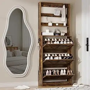 Shoe Cabinet Storage for Entryway, Narrow Shoe Rack Cabinet with 3 Flip Drawers & Coat Rack, Hidden Shoe Storage Cabinet, 2-in-