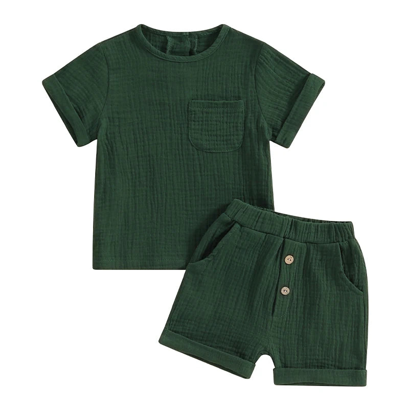 Newborn Baby Boys Summer Clothes Sets Solid Cotton Linen Pocket Short Sleeve T-shirts+Button Pocket Shorts Beach Casual Outfits