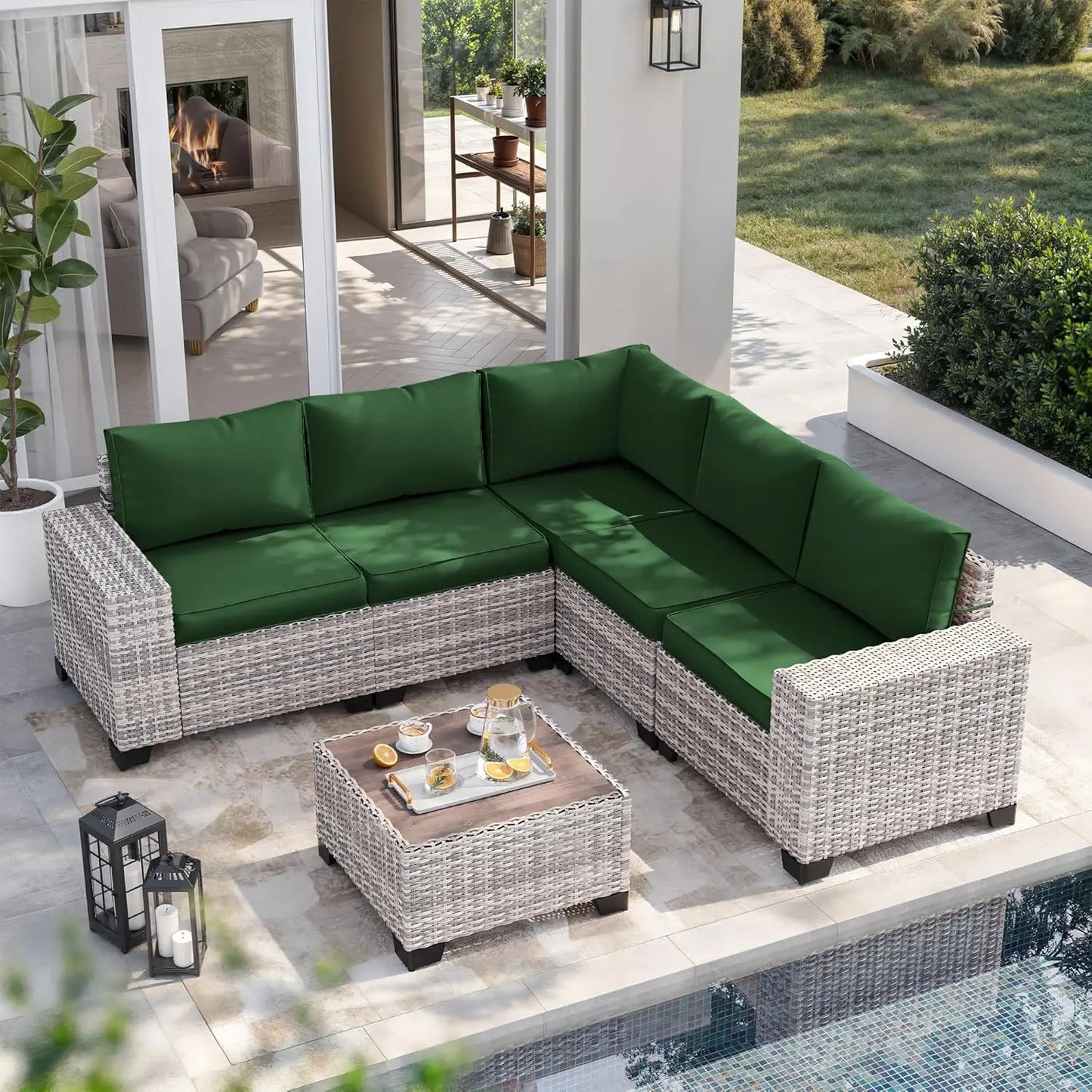 6-Piece Outdoor Patio Furniture Set Wicker Sectional Sofa Set, Patio Conversation Set with Thickened Cushions & Coffee Table