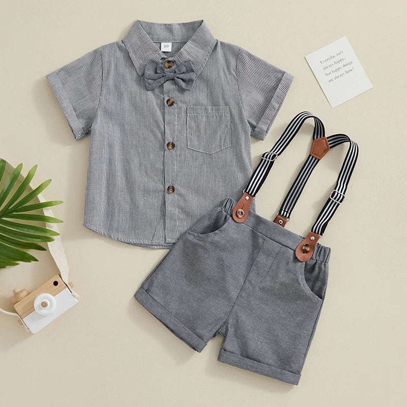 2024-02-29 Lioraitiin Toddler Baby Boy Gentleman Set Stripe Pattern Short Sleeve Shirt with Suspender Shorts 2Pcs Outfit