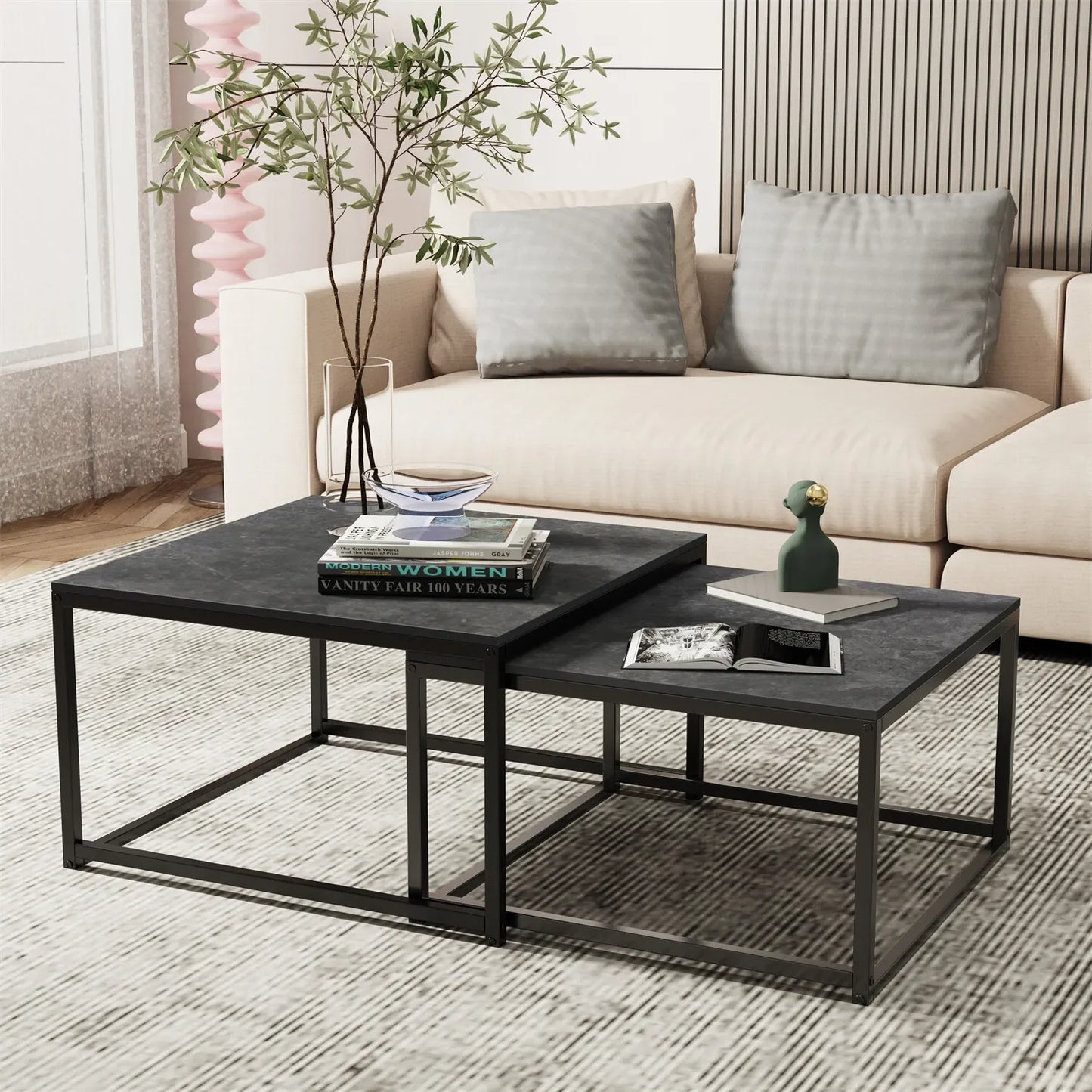 LUVODI Rectangle White Nesting Coffee Table Set Living Room Black Stack-able Accent Tables with Marble Tabletop