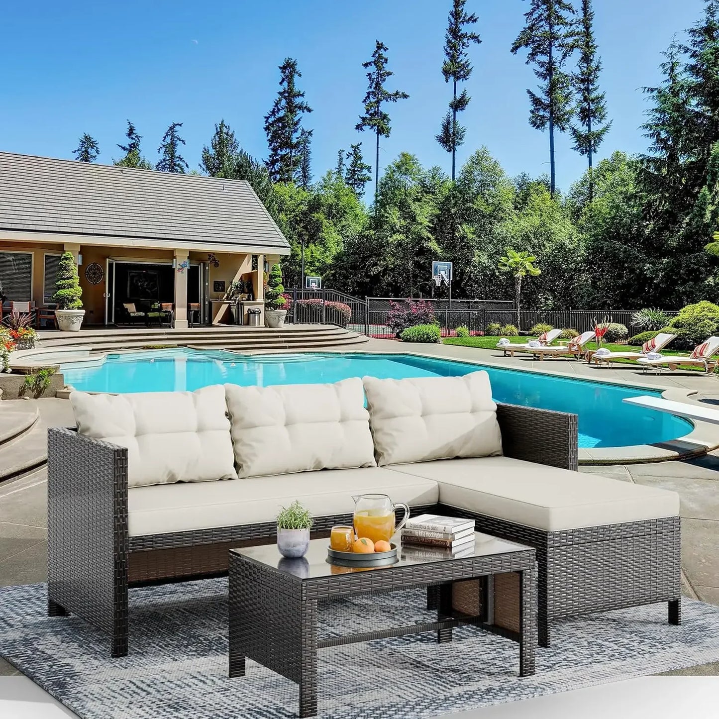 3-Piece Outdoor Patio Furniture Set – Waterproof All-Weather L-Shaped Sectional Sofa with Cushions & Glass Table for Durable Ou