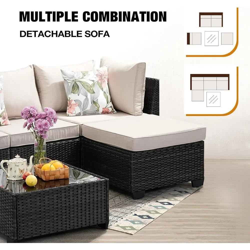 5-Piece Patio Furniture Set – All-Weather Wicker Rattan Sectional Sofa with Cushions for Durable Outdoor Comfort