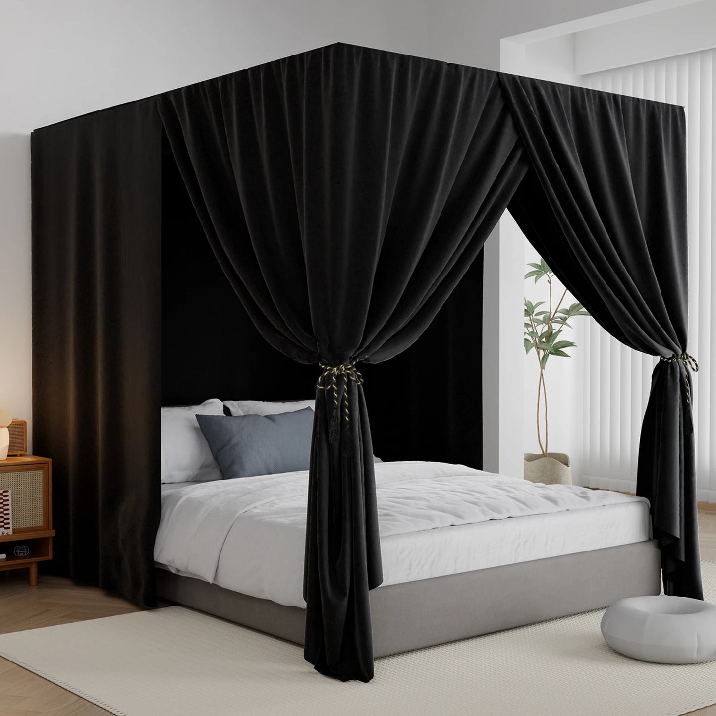 Pink/Black Corner Post Bed Canopy Bed Lightproof Curtain Sheer Canopy for Adults Bedroom Decoration Windproof Modern No bracket