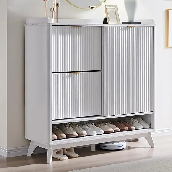 Fluted Shoe Storage Cabinet with 2 Flip Drawers & Sliding Door, 4-Tier Adjustable Shelves, 47" Wide Large Shoe Organizer, Woode