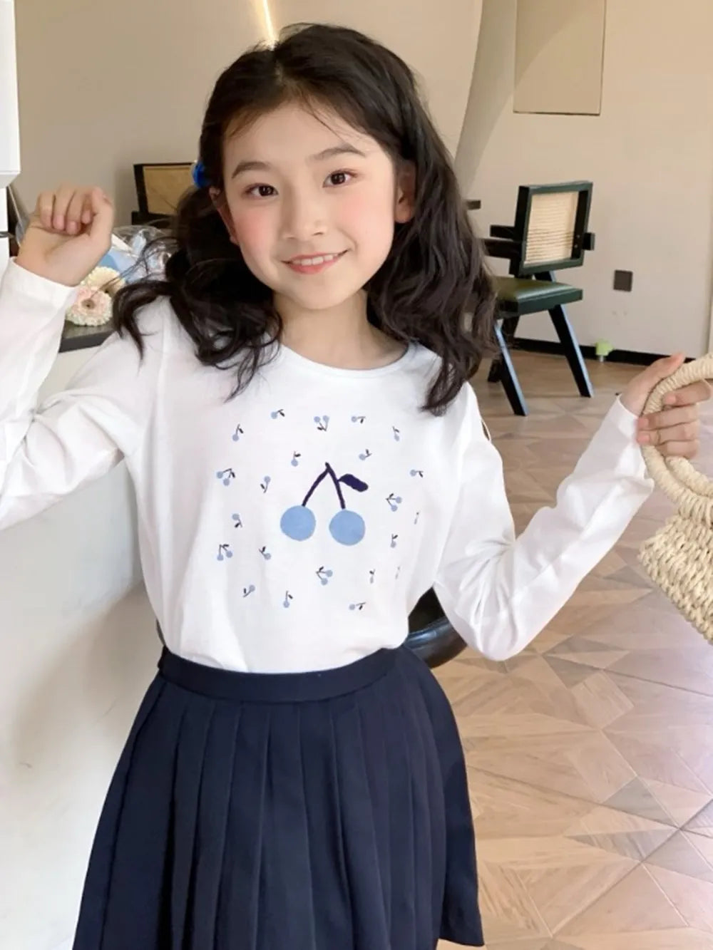 baby girl clothes kids t-shirt 100% cotton soft Blue Cherry Pattern Printed T-shirt
